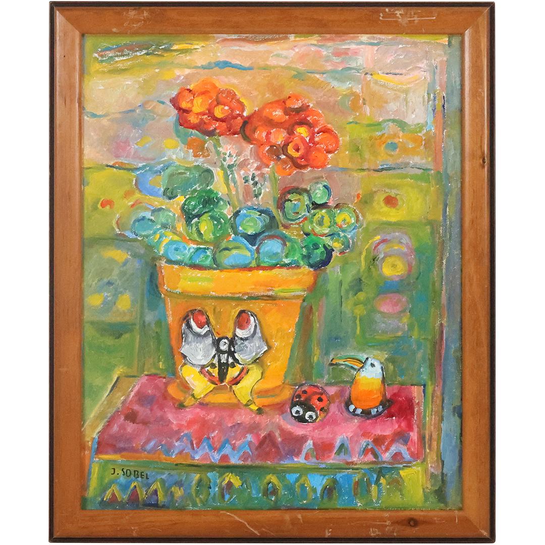 Jehudith [Judyta] Sobel (1924-2012) Poish  "Still Life with Geranium" Oil Painting on Canvas (1 of 10)