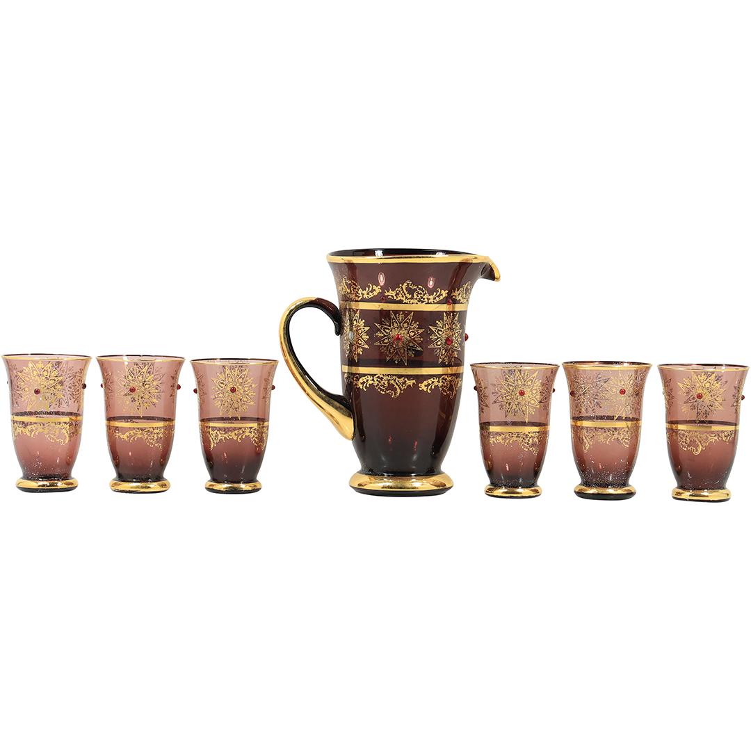 BALBOA Italian Amethyst Glass Pitcher with 6 Matching Tumblers Gold Decorated (1 of 20)