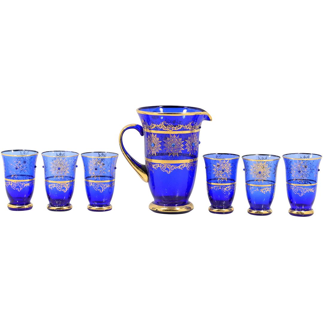 BALBOA Venetian Cobalt Blue Glass Pitcher with 6 Matching Glassses Gold Decoration (1 of 20)