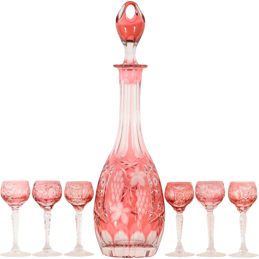 Bohenian Cranberry Cut Glass Liquor Decanter with 6 Stemmed Cordials Cut Cranberry Glass (1 of 20)