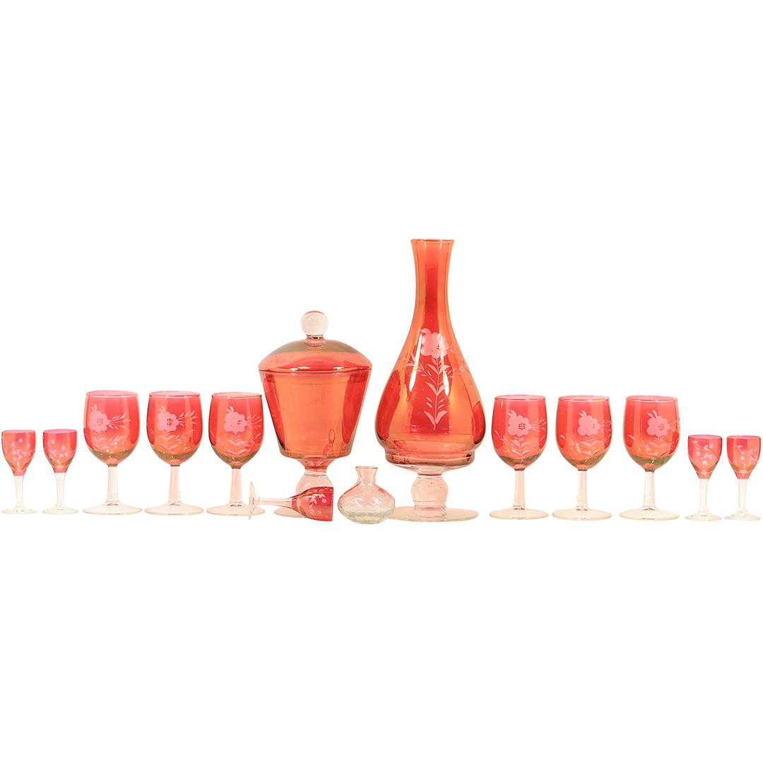12 Pieces Assorted Cranberry Etched Glass Decanter, Stemware, Covered Compote (1 of 20)