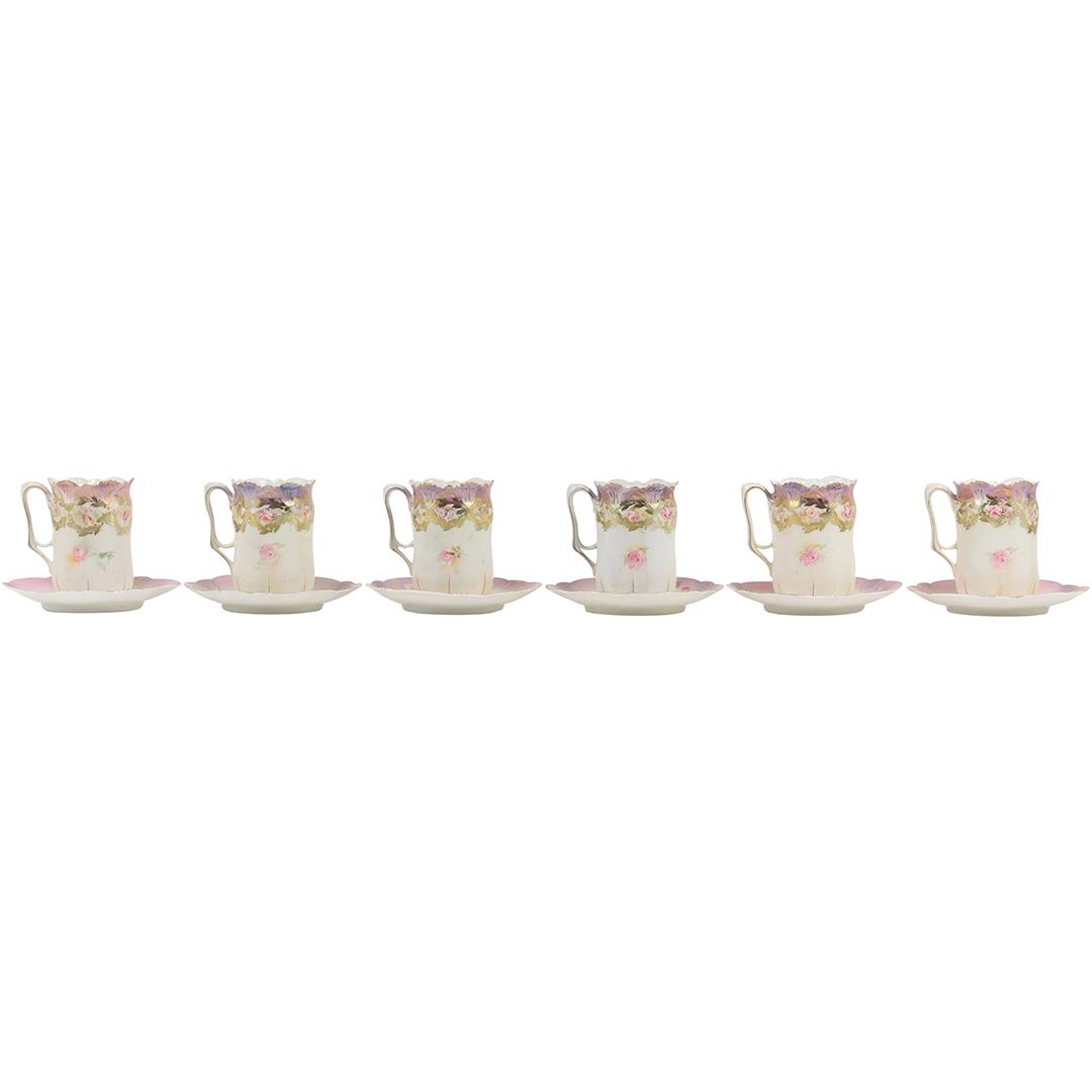 [6] R.S. PRUSSIA Fine Porcelain Tea Cups with Saucers Hand Painted Flowers: [6] R.S. PRUSSIA Fine Porcelain Tea Cups with Saucers Hand Painted Flowers. size: h 3.25 L 3 (cup) h .5 L 4.5 [saucer]