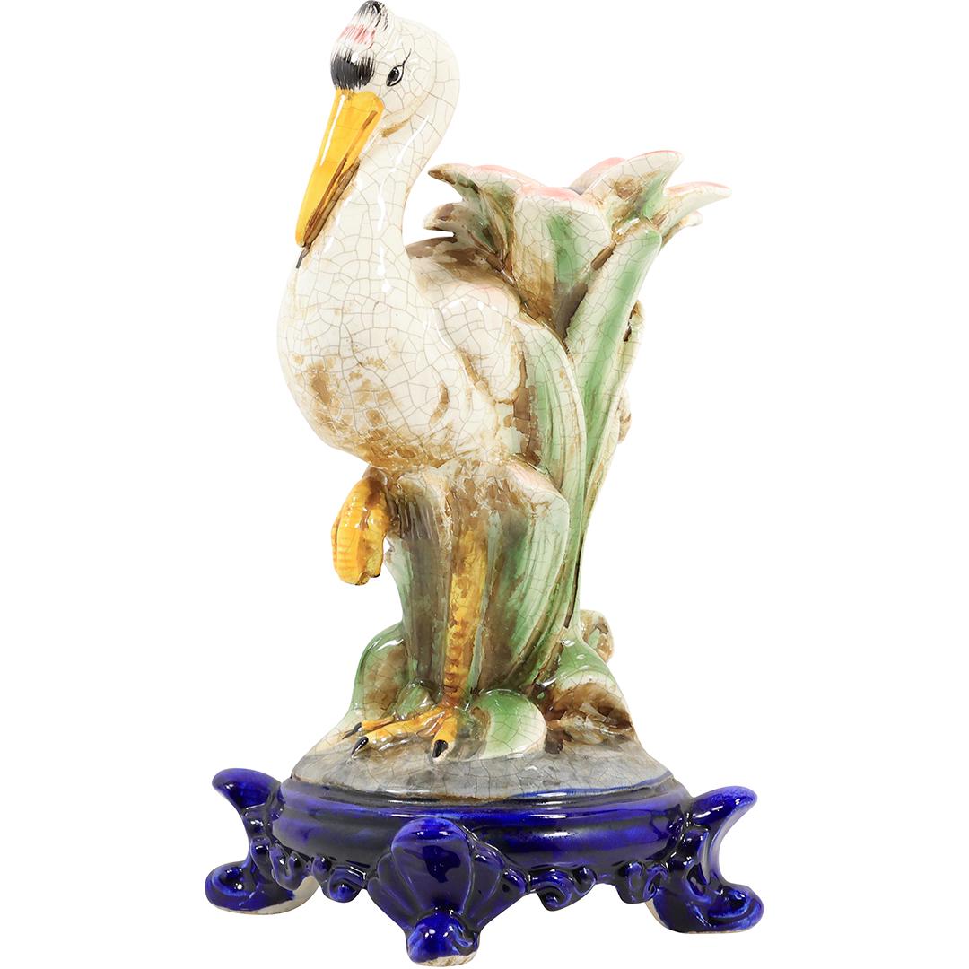 Majolica PELICAN Bird Figure Statue on Cobalt Blue Base 13 inches height (1 of 20)