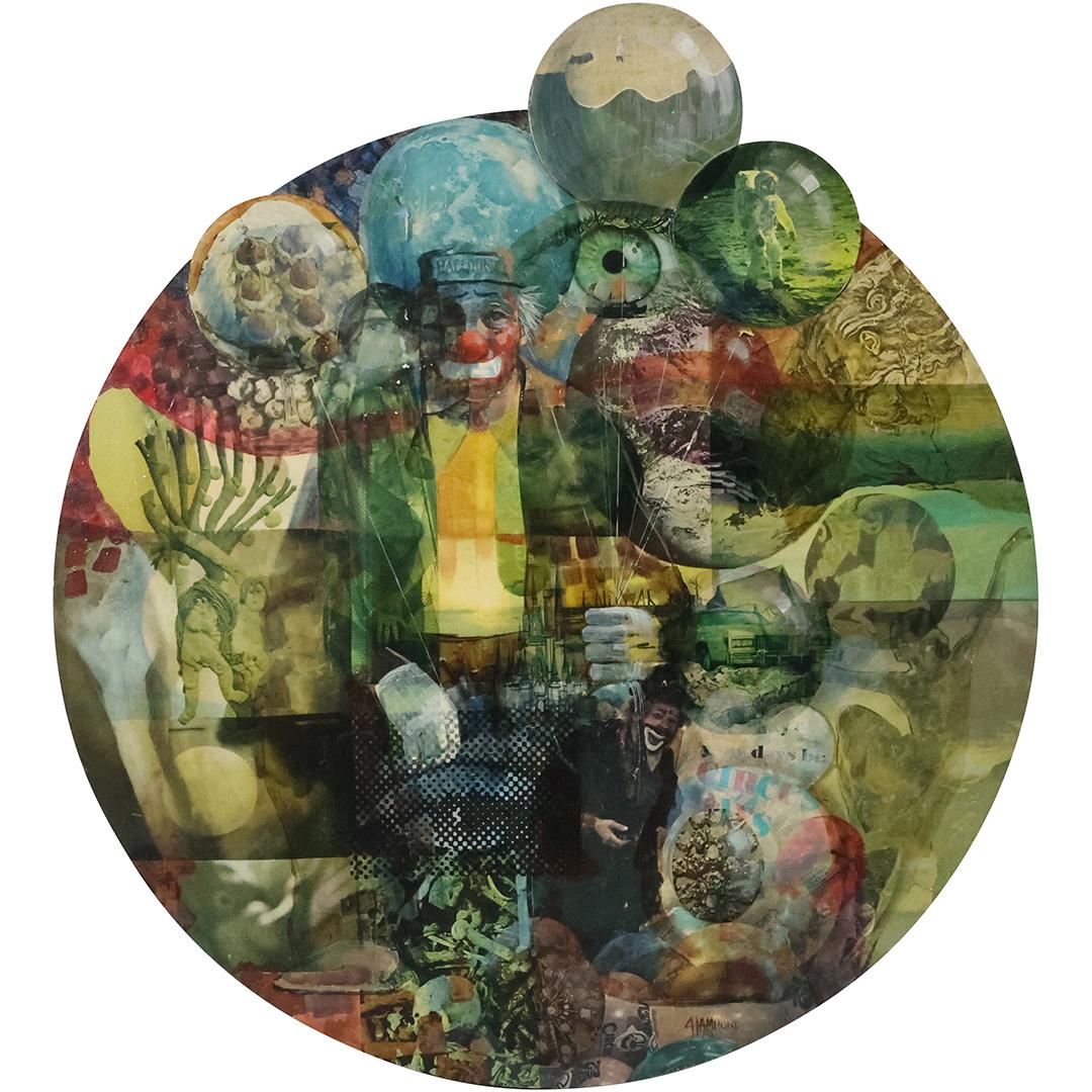 Signed HAMMOND Round Wall Hanging Acrylic Collage Titled "Balloon Man",  33 inches (1 of 17)