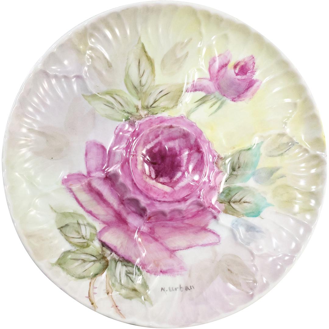 Signed H Urban, Antique Porcelain Cabinet Plate Pink Rose, 9.5 inches diameter: Signed H Urban, Antique Porcelain Cabinet Plate Pink Rose, 9.5 inches diameter. size: 1.25 x 9.5