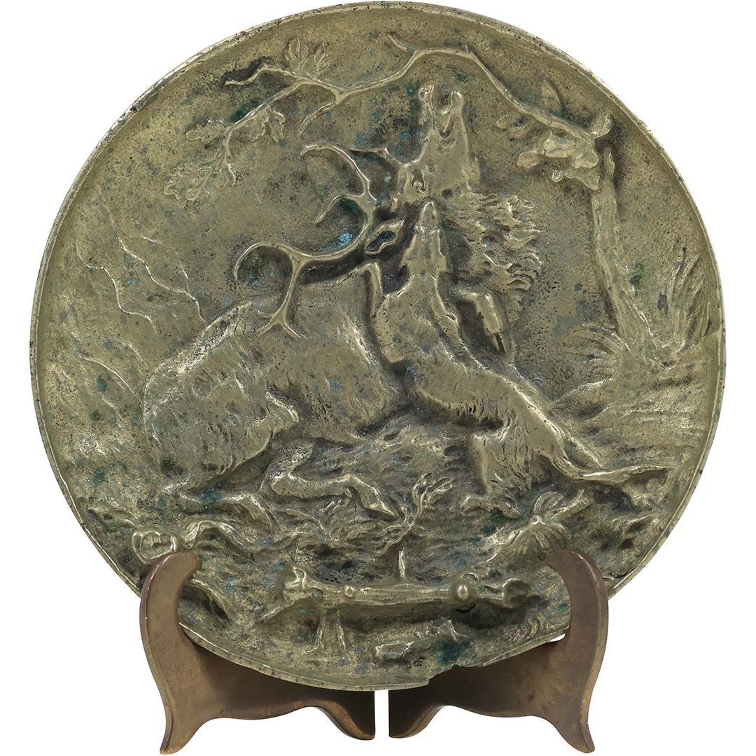 Signed Italy ROSSI, Bronze Footed Card Tray Embossed Wolf Attacking a Stag (1 of 14)