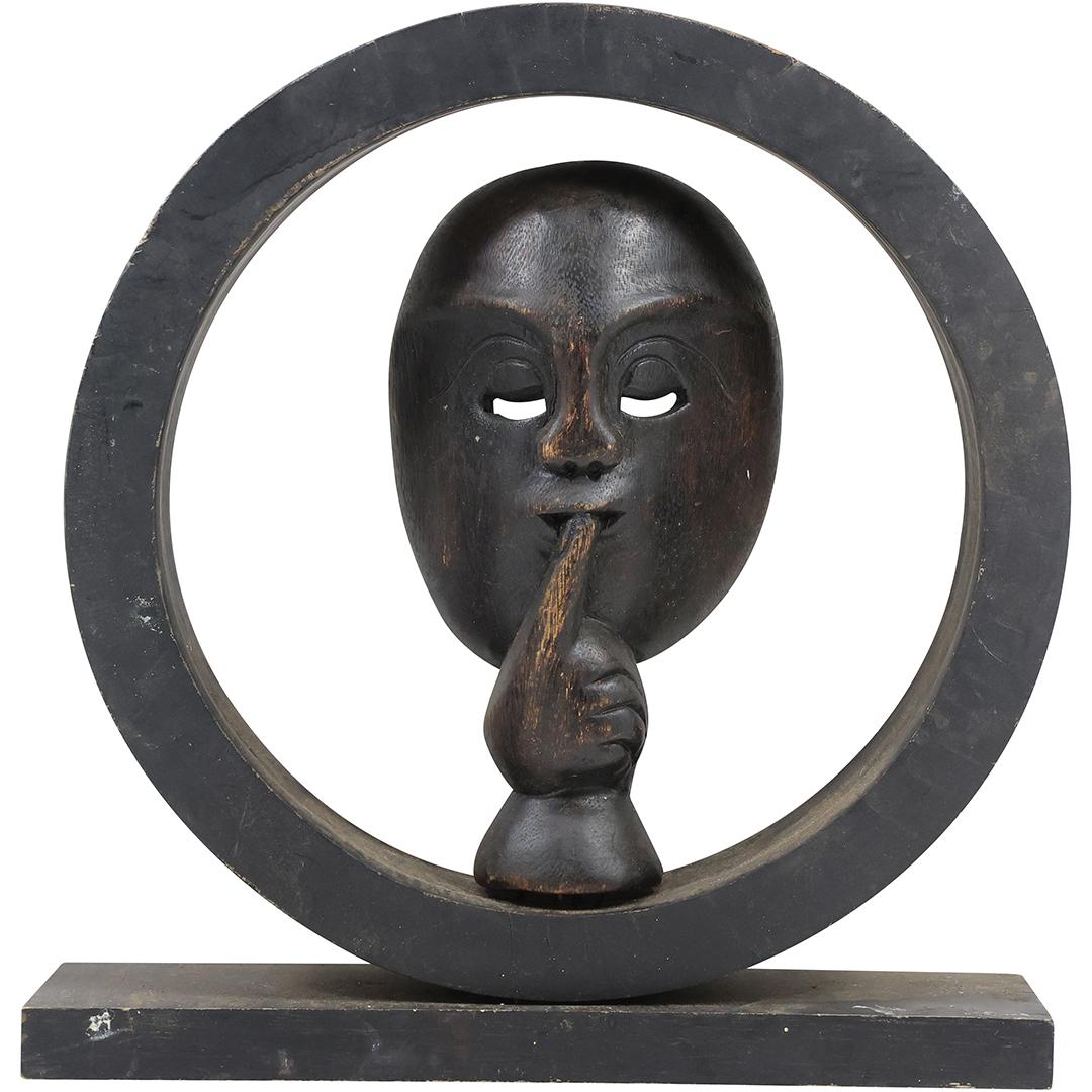 Unique Wooden Sculpture Mask and Hand Inside a Circle 14.5 inches height (1 of 17)