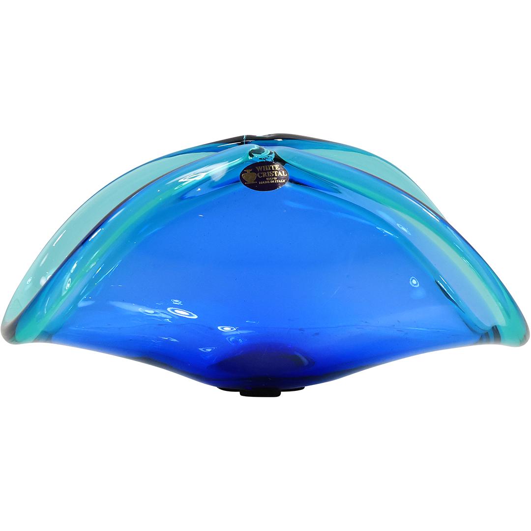 Murano Cobalt Blue "White Crystal Italy" Art Glass Vase Fold Over Sides, Original Label (1 of 15)