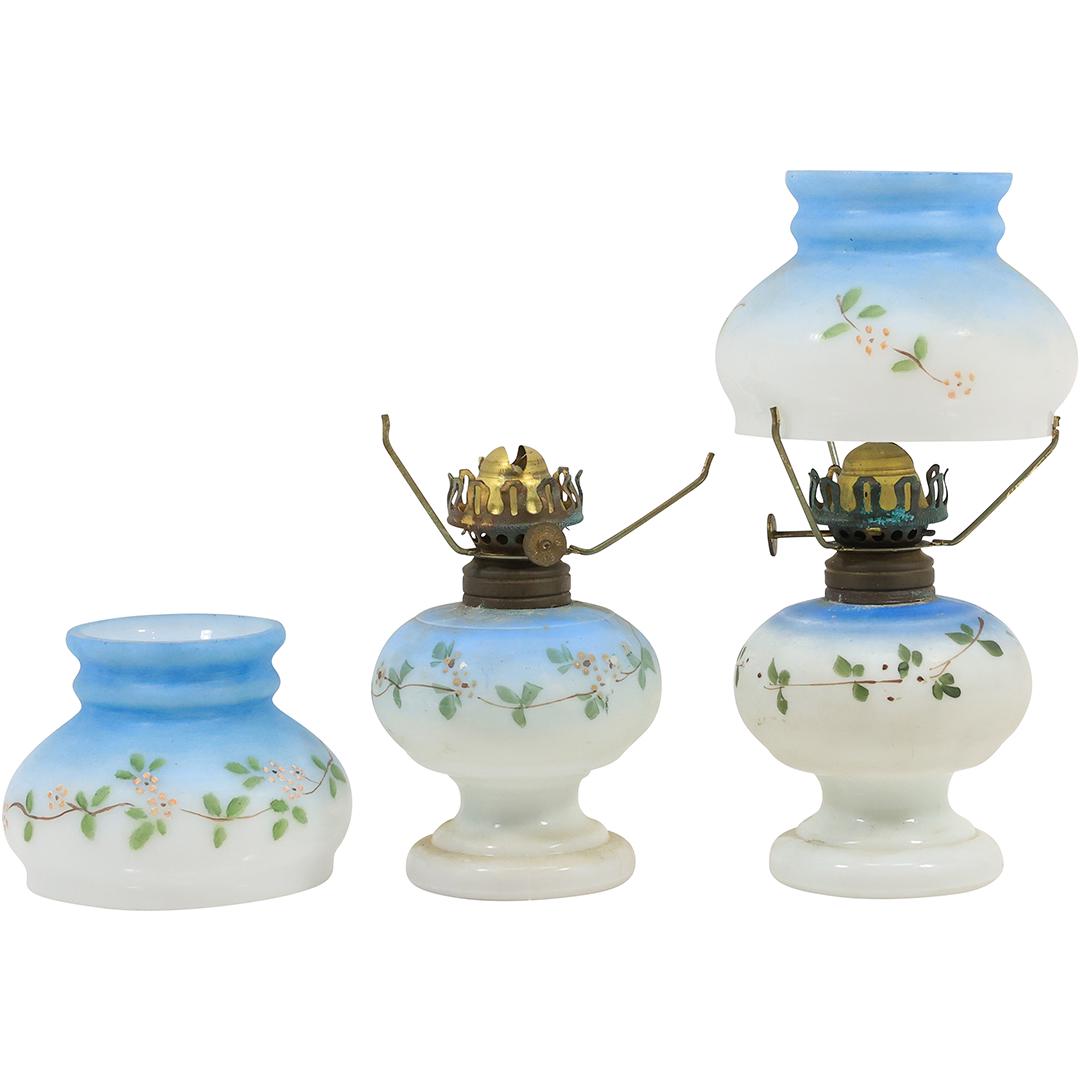 [2] Matched Pair Antique Miniature Hurricane Oil Lamps with Shades (1 of 16)