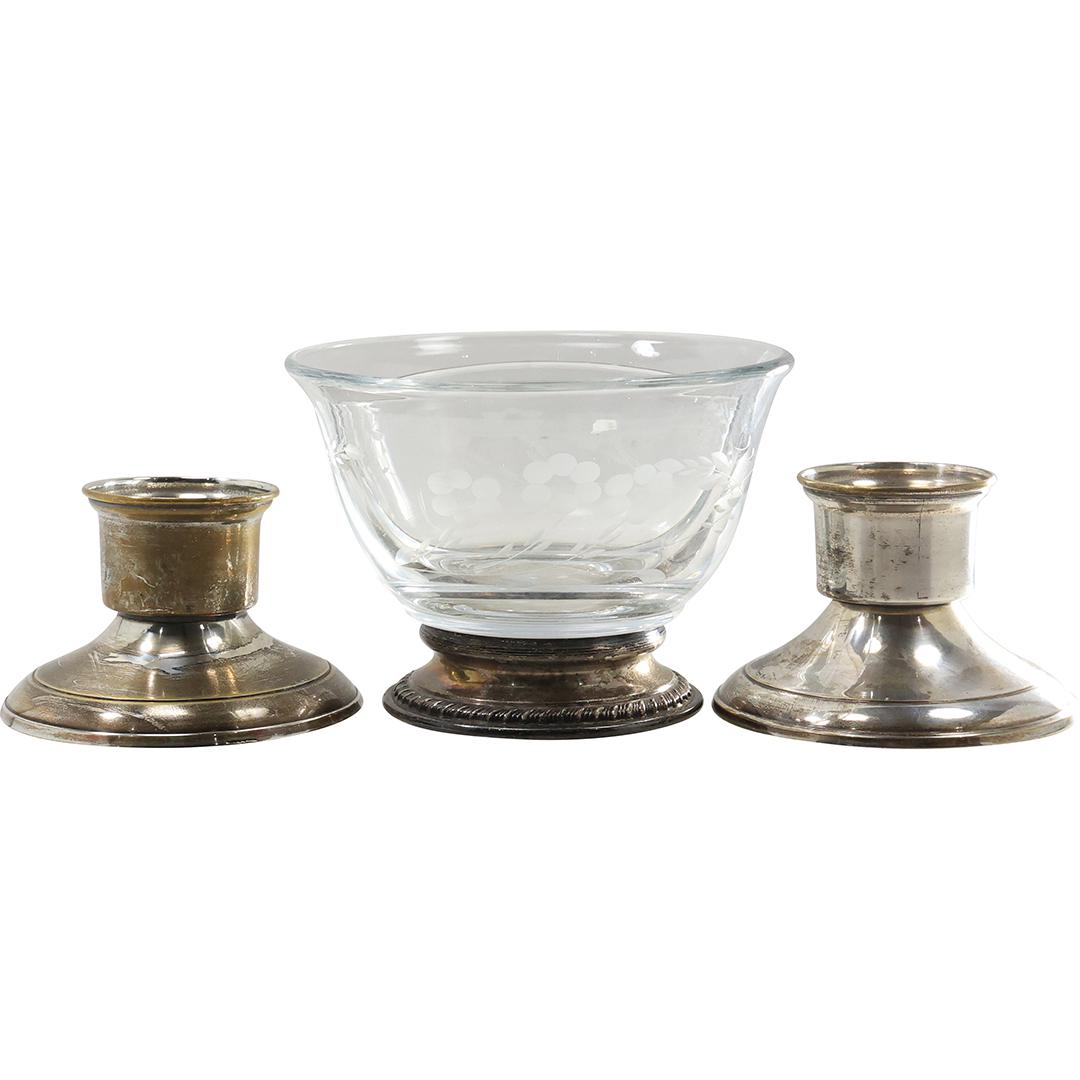 Heisey Glass Bowl on Metal Base and 2 Silver Plate Candlesticks (1 of 20)