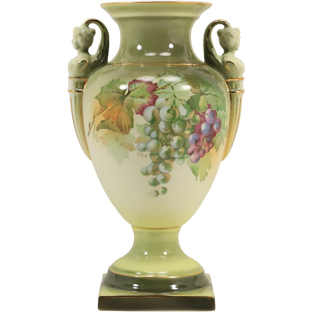 Bavaria Fine Porcelain Urn Hand Painted Grapes Artist Signed, Woman Head Handles 12.75 inches (1 of 20)
