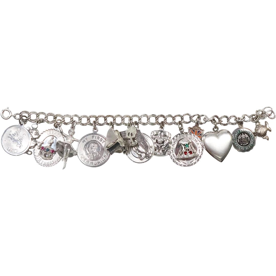 Sterling Silver Charm Bracelet with 10 Charms [5] are Sterling, [5] are not 7 in. x 1/4 in. (1 of 7)