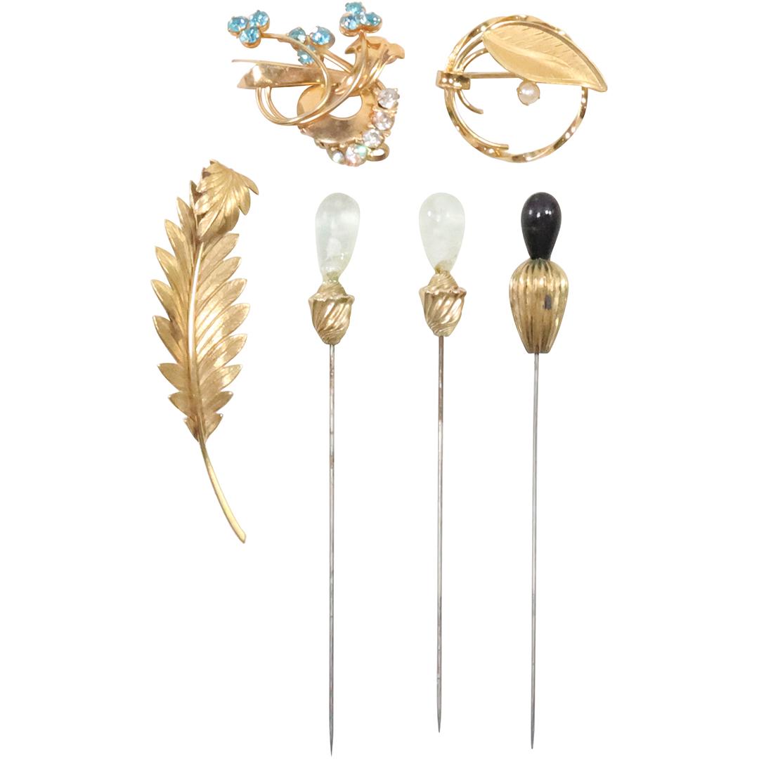 [6] Assorted: Wells 14K GF Leaf Pin, [3] Stick/Hat Pins, GR CO. 12K GF Pin with Cultured Pearl (1 of 20)