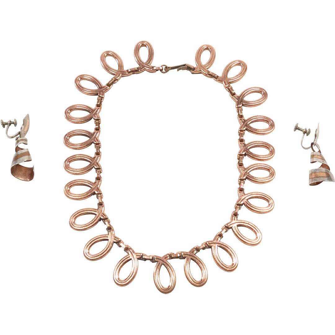 marked Renoir Copper Scribble Design Necklace & .925 Sterling Copper Earrings Screw Backs (1 of 12)