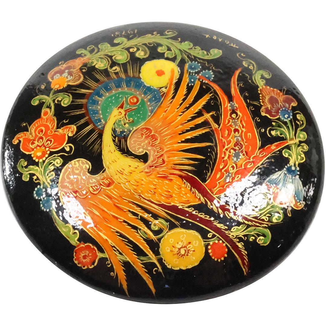Hand Painted Lacquered Russian Pin dated 1978, 2 in. diameter (1 of 5)