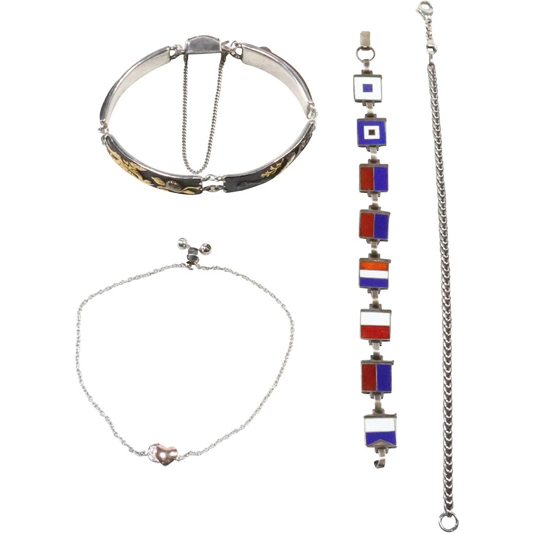 [4] Assorted Sterling Silver Bracelets: Red White Blue Enamel, Black Enamel Gold, Rope, Heart (1 of 16)