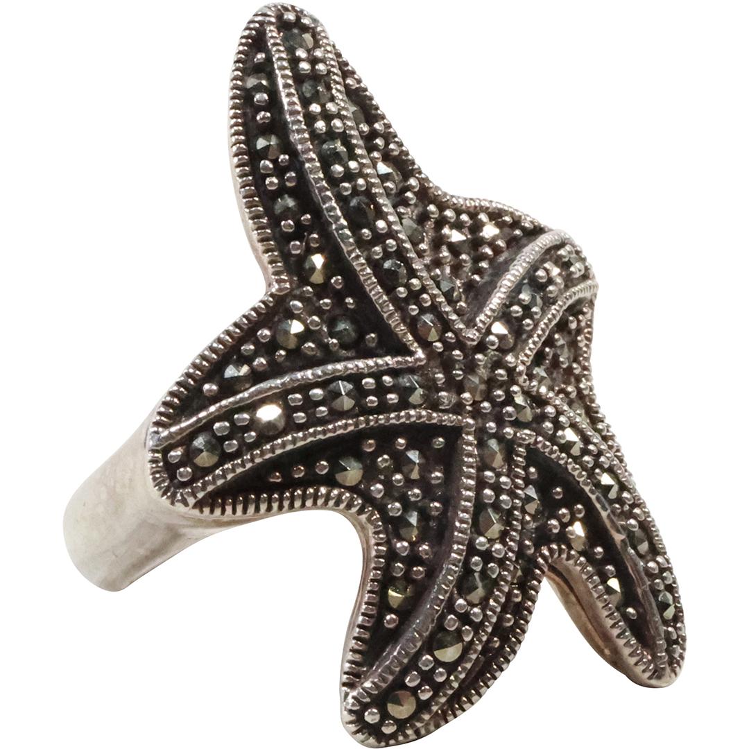 .925 Sterling Silver Large Star Fish with Marcasites Ring Size 8 , 1 in. x 1 3/8 in. (1 of 7)