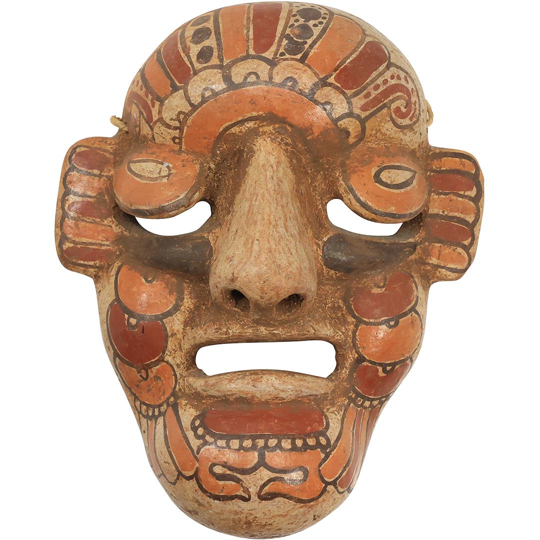 South American Clay Ceremonial Mask Hand Decorated: South American Clay Ceremonial Mask Hand Decorated. size: h 10 L 8