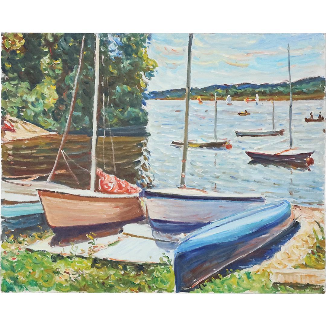 Edmond Jordan, Oil on Board Painting Boats in The Bay, Signed E Jordan (1 of 12)