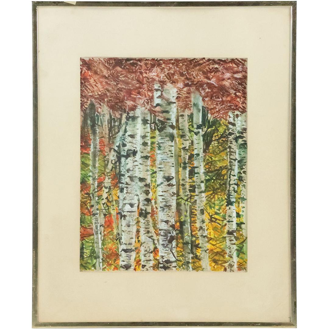 Vintage Watercolor Painting Birch Trees in Woodland, Framed: Vintage Watercolor Painting Birch Trees in Woodland, Framed. size: 13.5 x 10.5 matte, 20.5 x 16.5 outside frame