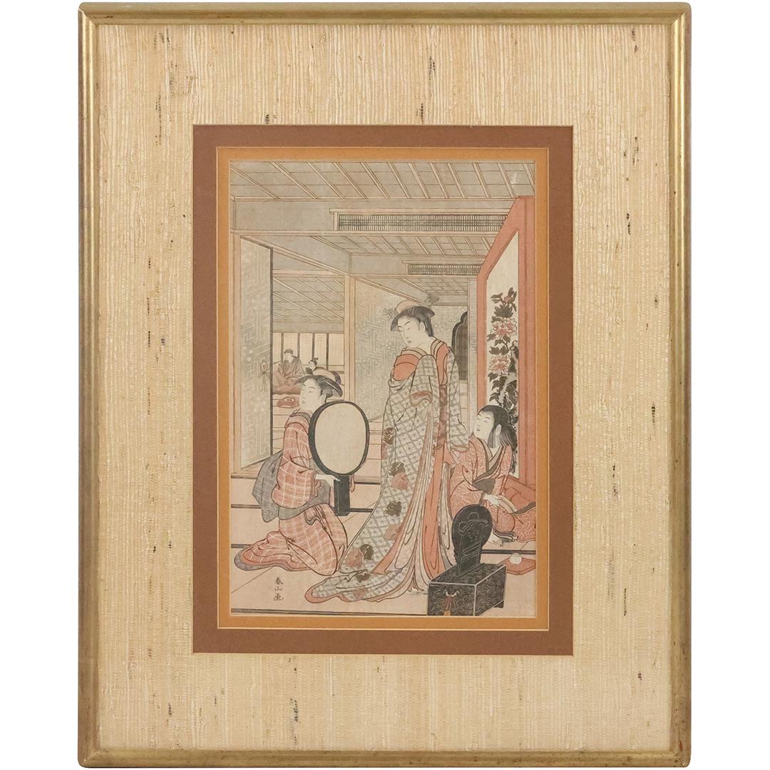 Vintage Japanese Woodblock, Framed, 3 Figures Interior Scene (1 of 13)