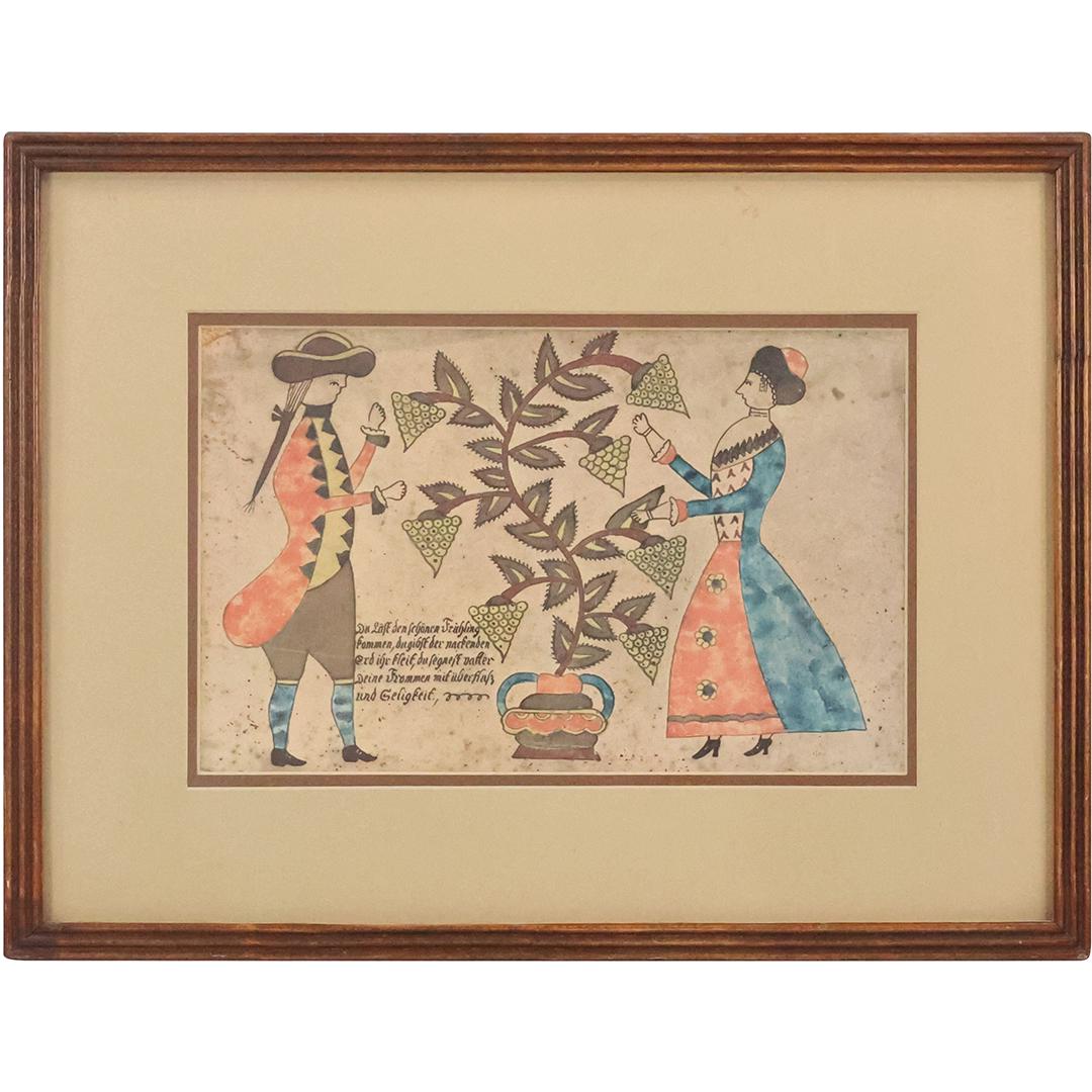 Framed Folk Art Fraktur "Spring Blessing", Colonial Figures, Framed (1 of 11)