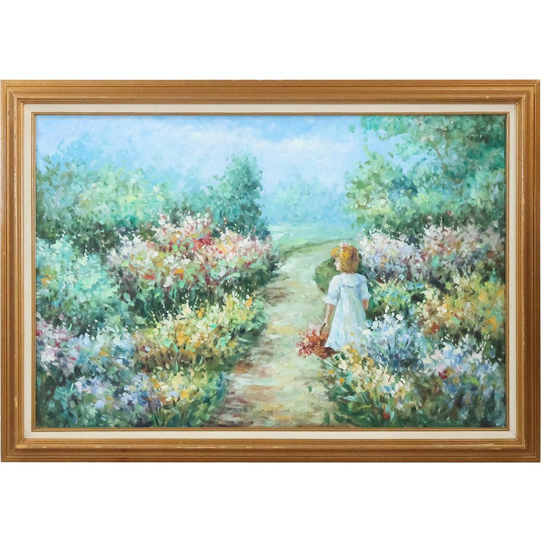 Artist Signed 20th C. Oil on Canvas Painting Young Girl Walking Path Wild Flowers (1 of 13)