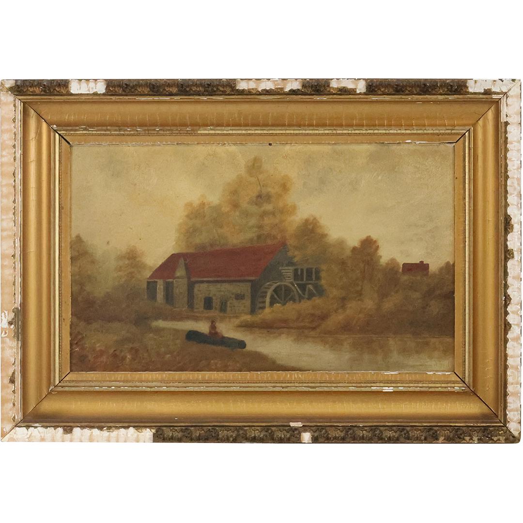 Circa 1860 American Naive Oil Painting of a Stone House Gristmill, Original Frame (1 of 9)