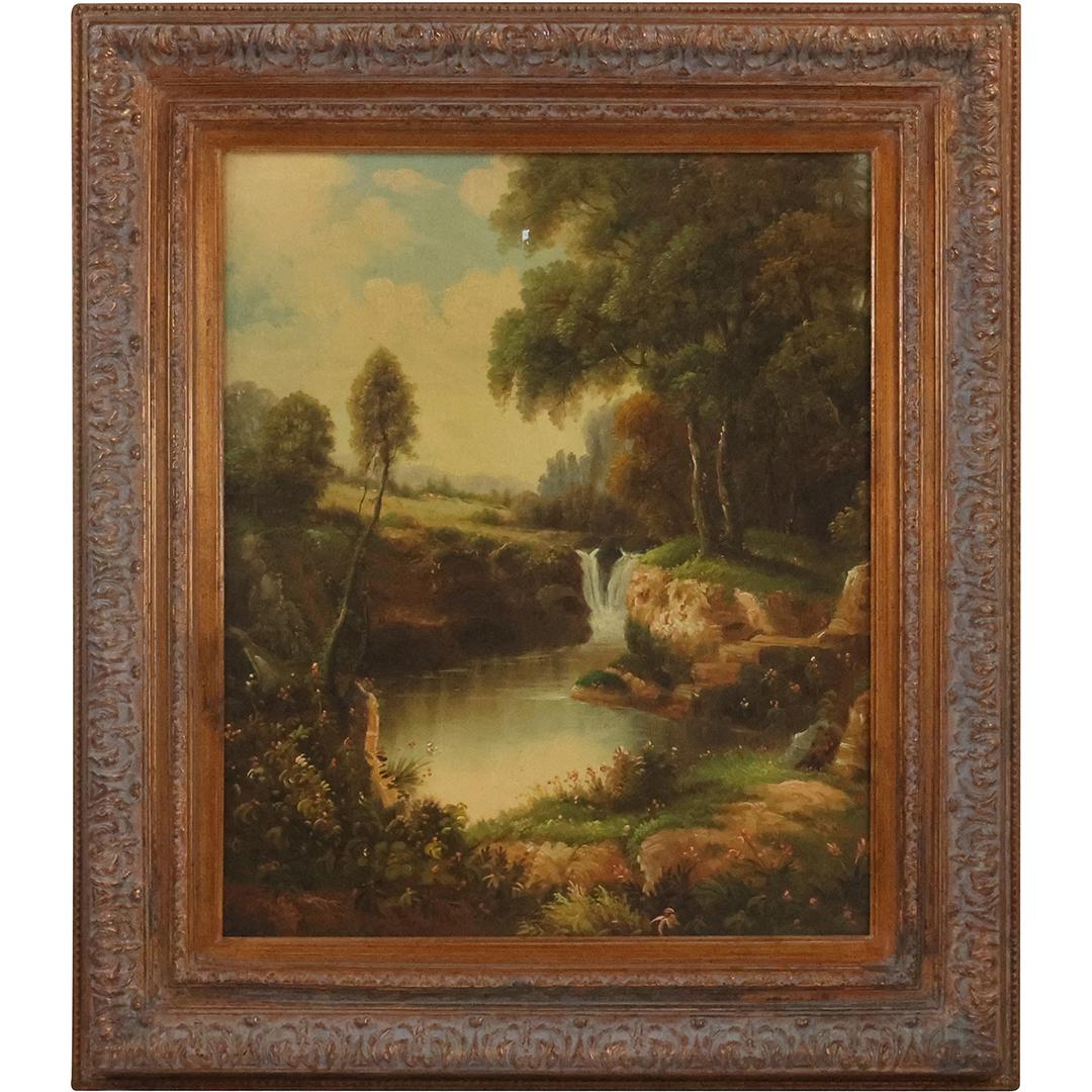 John Pollins, 20th C. American, Oil on Canvas Painting Wooded Landscape with Stream (1 of 13)