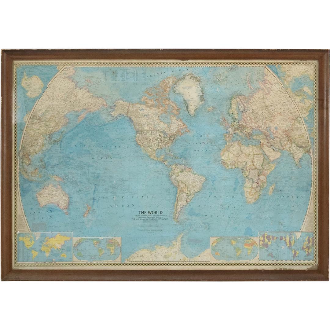 Vintage Map of The World , Framed: Vintage Map of The World , Framed. size: 29.5 x 43, 32 x 45.5 outside frame