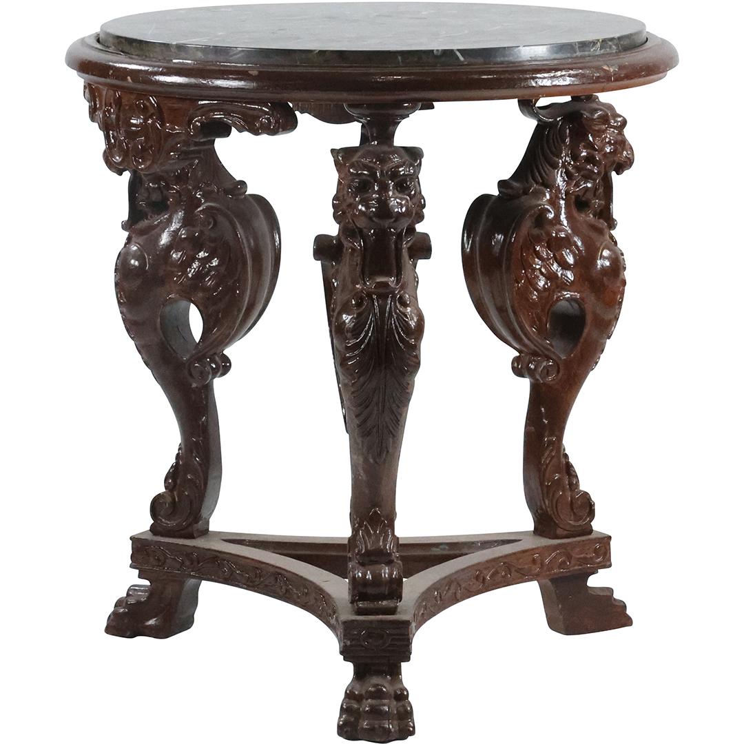 Vintage Round Marble Top Taboret Stand Carved Gargoyles with Claw Feet Legs (1 of 16)