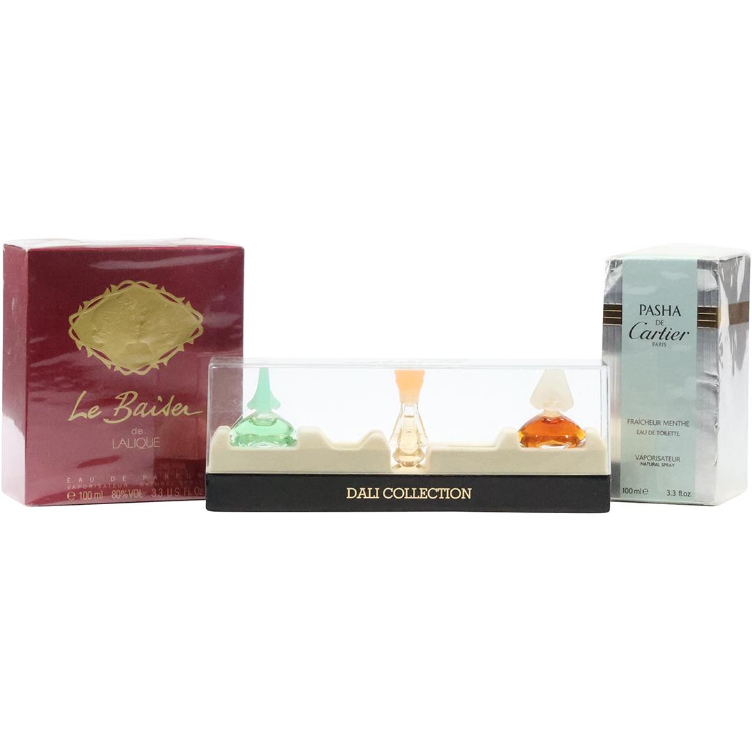 [3] Perfumes: Le Baiser LALIQUE; Triple DALI Collection; Pasha for CARTIER: [3] Perfumes: Le Baiser LALIQUE; Triple DALI Collection; Pasha for CARTIER size: dali (3.25 x 8.75 x 1.5), lalique (5.75 x 5 x 2.25), cartier (5.5 x 2.75 x 2.75)