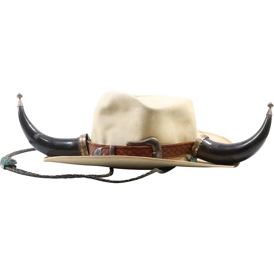 Vintage Texan Hat with Horns, Sterling Buckle, Turquoise Nugget Slide, Sterling Ring Mounts on Horns (1 of 15)