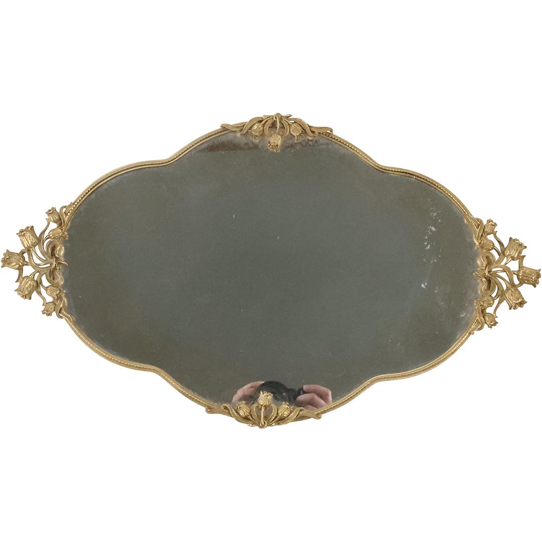 Brass Art Nouveau Flowers Shaped Mirrored Dresser Vanity Tray 20 inches length (1 of 9)