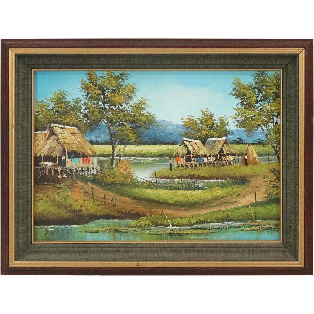 Signed Lady, Oil on Canvas Painting Haitian Cottage, Figures, Landscape (1 of 13)