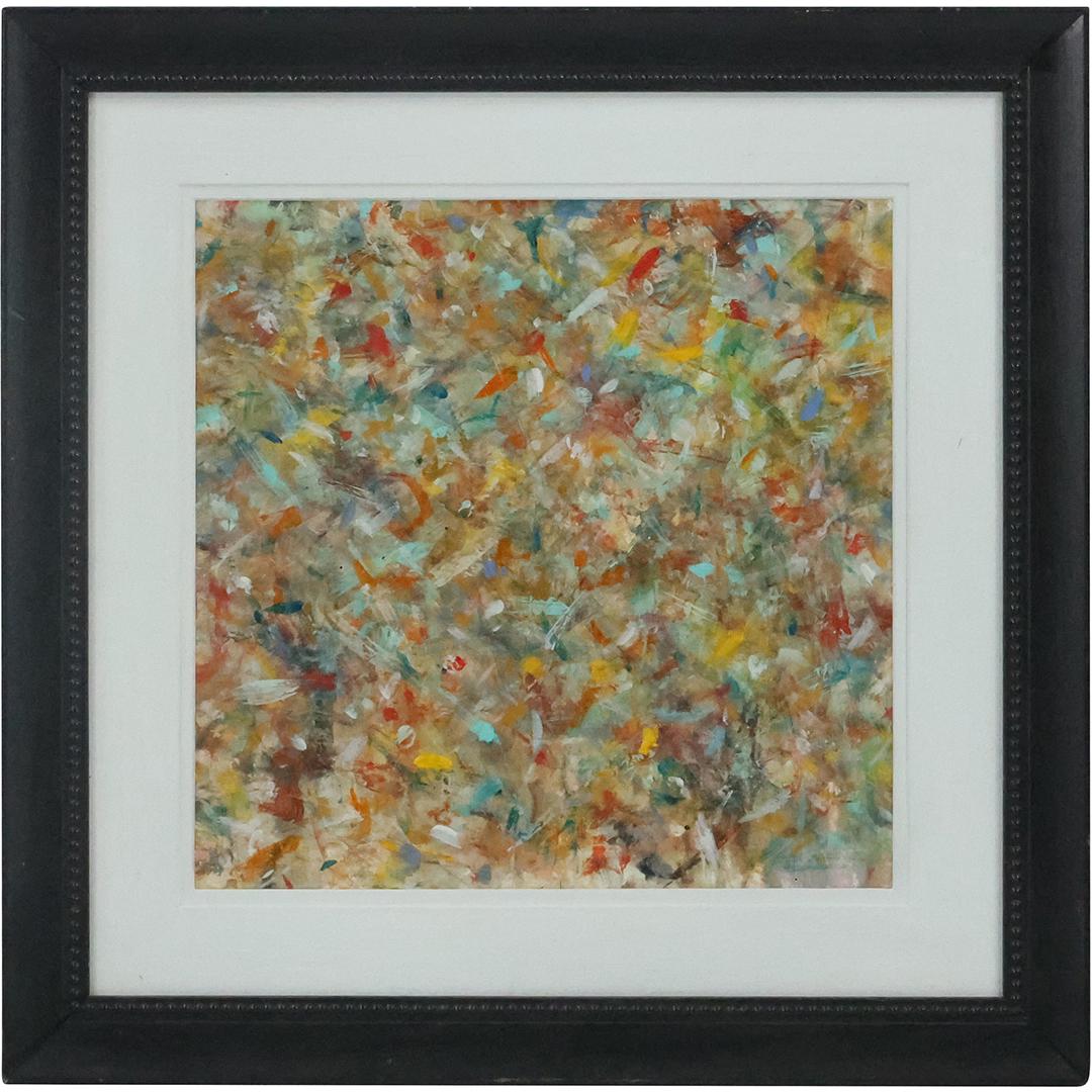 Steven Jennis, American, Oil Painting Busy Abstract, Signed, Framed: Steven Jennis, American, Oil Painting Busy Abstract, Signed, Framed. Provenance: Acquired directly fron the artist. Well listed American artist. size: 12 x 12 matte, 18.75 x 18.75 outside frame. ASKar