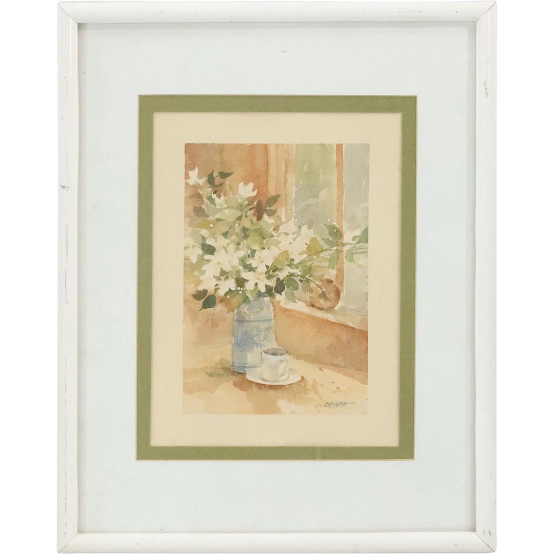 Signed Chiara, Fine Watercolor Painting Flowers in Vase at Window, Framed (1 of 9)