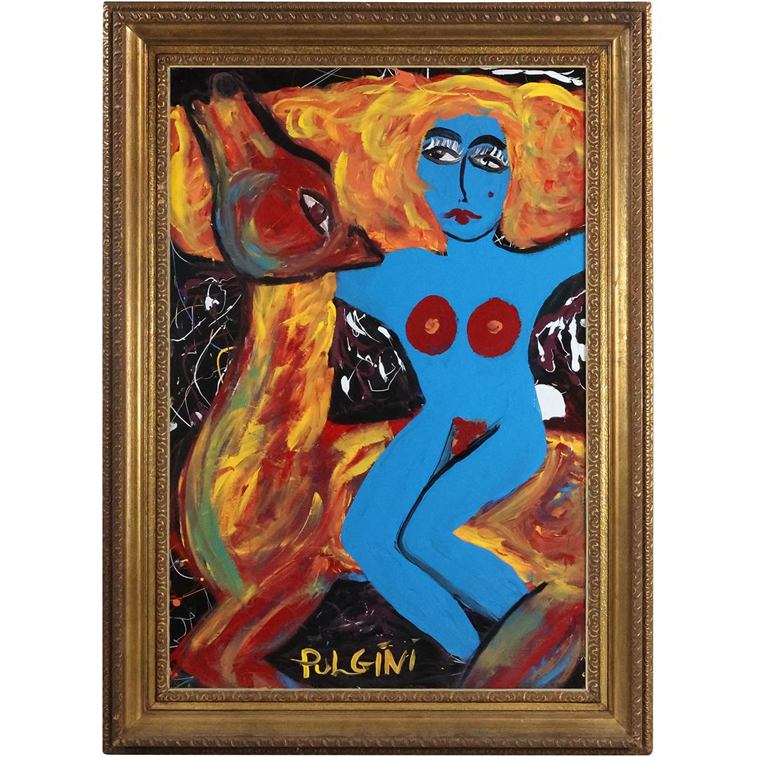 Thomas Pulgini, American, Oil Painting on Board  Abstract Blue Woman with Bird (1 of 11)