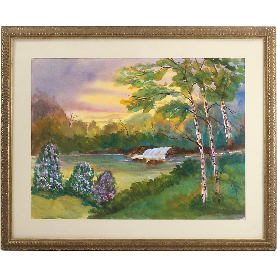 Artist Signed Watercolor Painting River Landscape, Waterfall, Birch Trees (1 of 11)
