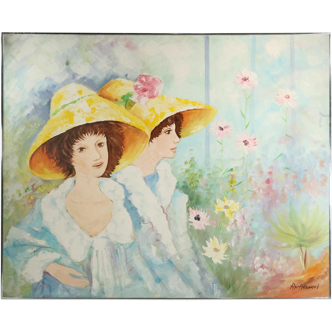Ron Haywarth, Large Oil Painting Two Fashion Women Wearing Yellow Hats, Framed. oil on canvas (1 of 17)