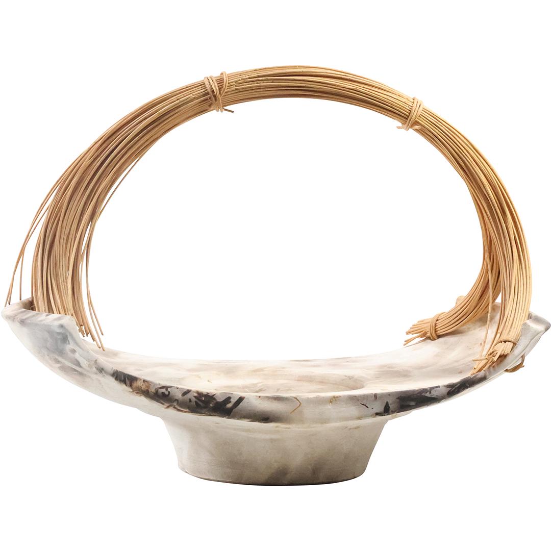 Signed Studio Art Pottery Basket with Reed Handle (1 of 13)