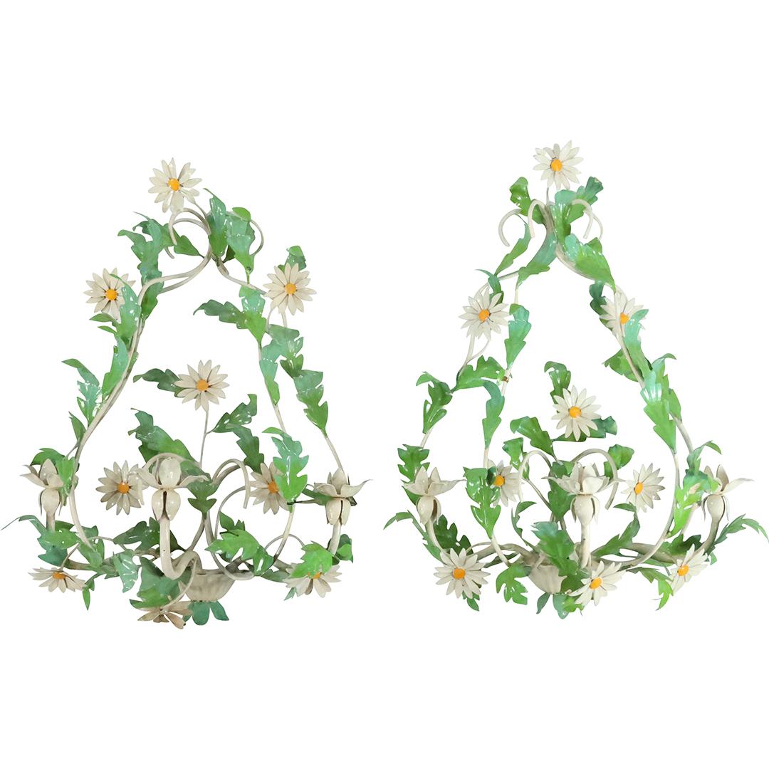 [2] Hollywood Regency Painted Toleware Daisies and Leaves Wall Candle Sconces 23 inches (1 of 20)