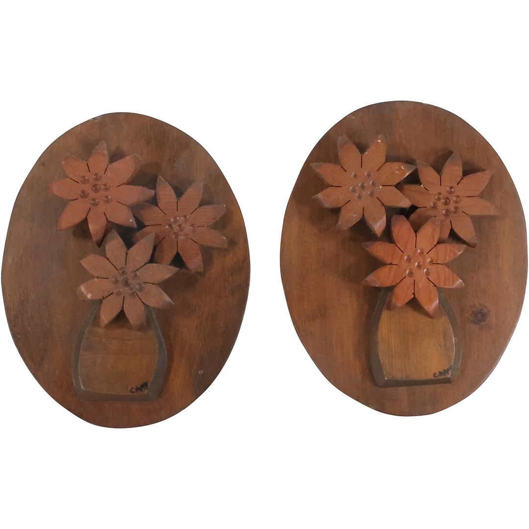 [2] Mid-Century Modern Folky Wood Sunflowers Wall Plaques signed Cappy 14 inches x 11 inches (1 of 12)