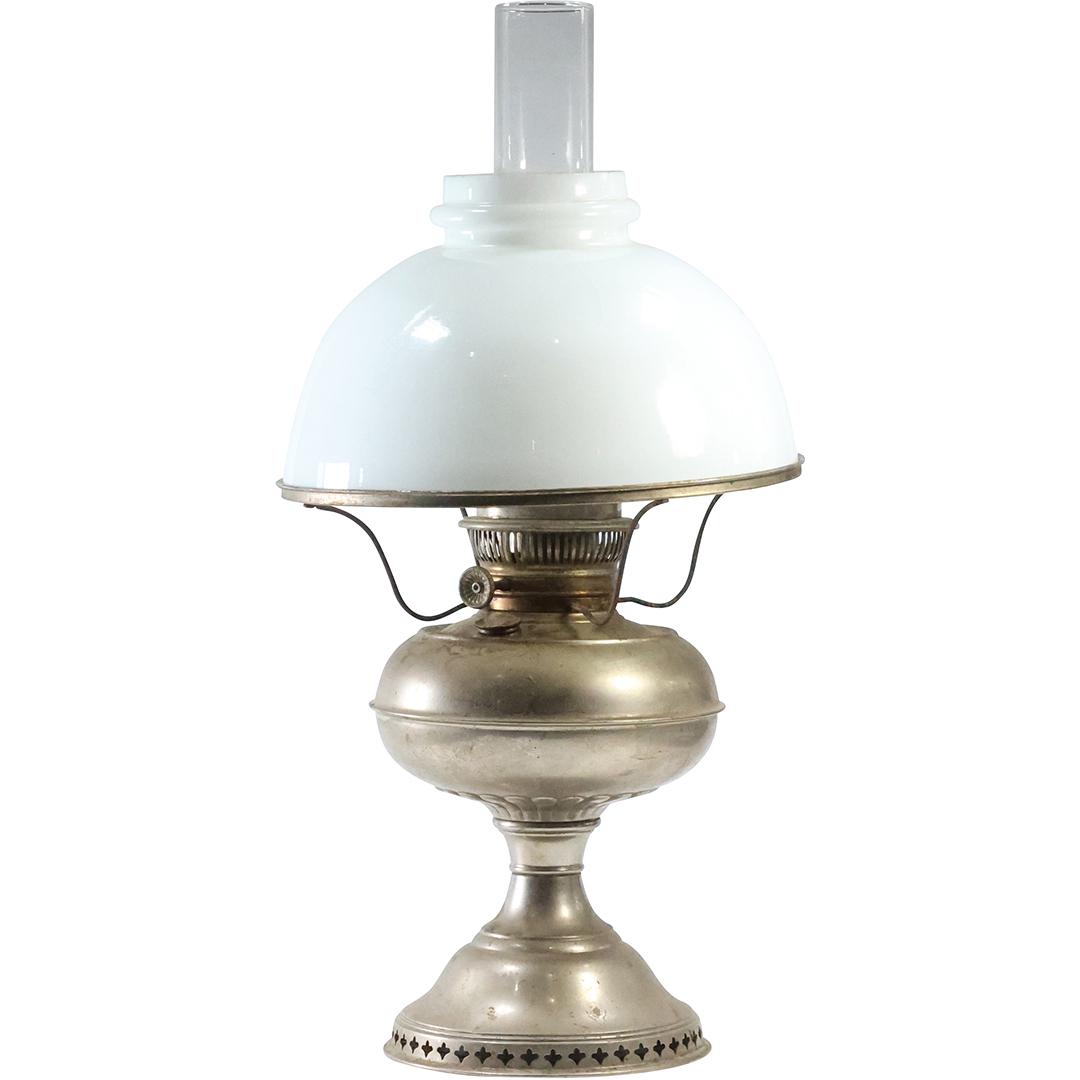 Antique Nickle Plated Hurricane Oil Lamp with Original White Bristol Glass Shade (1 of 17)