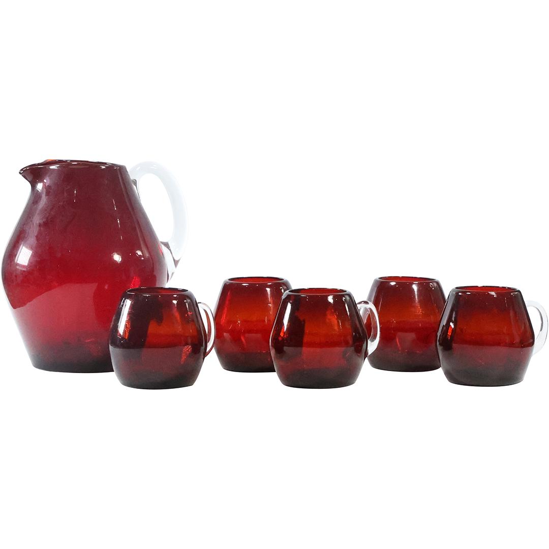 Stylish Modernism Ruby Red Water Pitcher with 5 Matching Ruby Red Mugs (1 of 10)