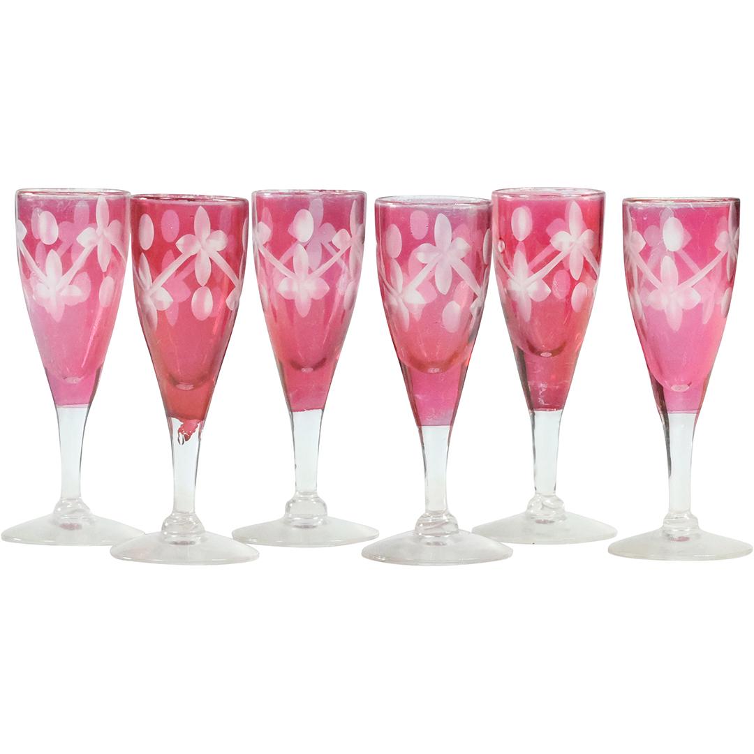 [6] Etched Cranberry Glass Flute Cordial Cocktail Stem Glasses (1 of 5)
