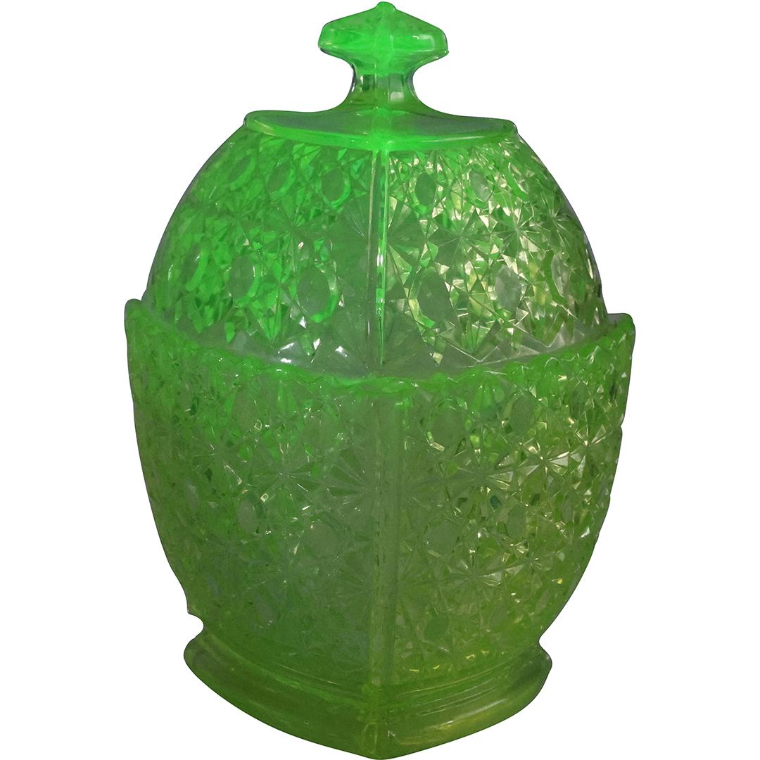 Vintage Urainium Glass 3-Corner Covered Jar Daisy & Button Pattern (1 of 9)