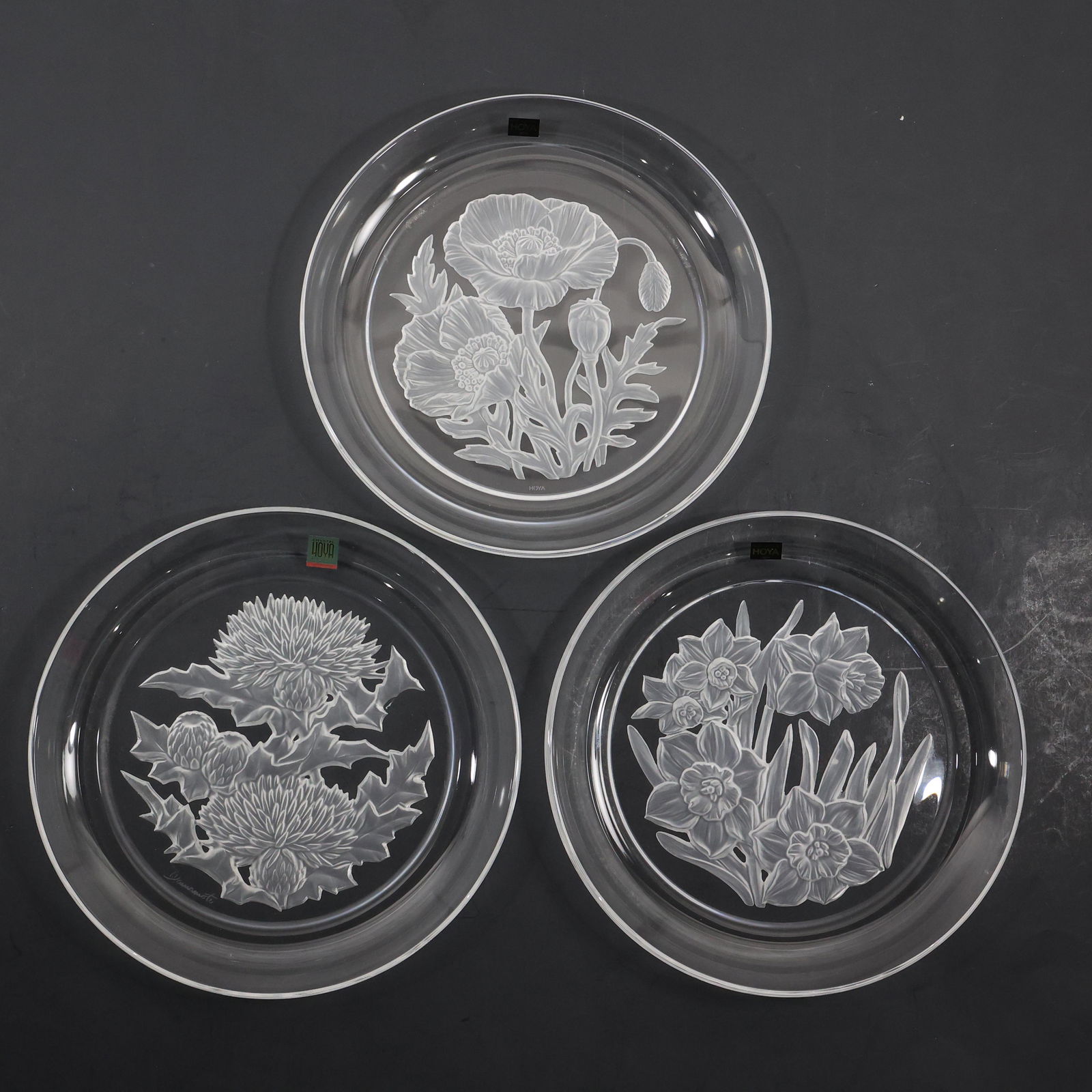 [3] HOYA Japanese Crystal Glass Cabinet Plates with Satin Decoration Flowers 8.25 in. diameter: [3] HOYA Japanese Crystal Glass Cabinet Plates with Satin Decoration Flowers 8.25 in. diameter size: h 1 L 8.25