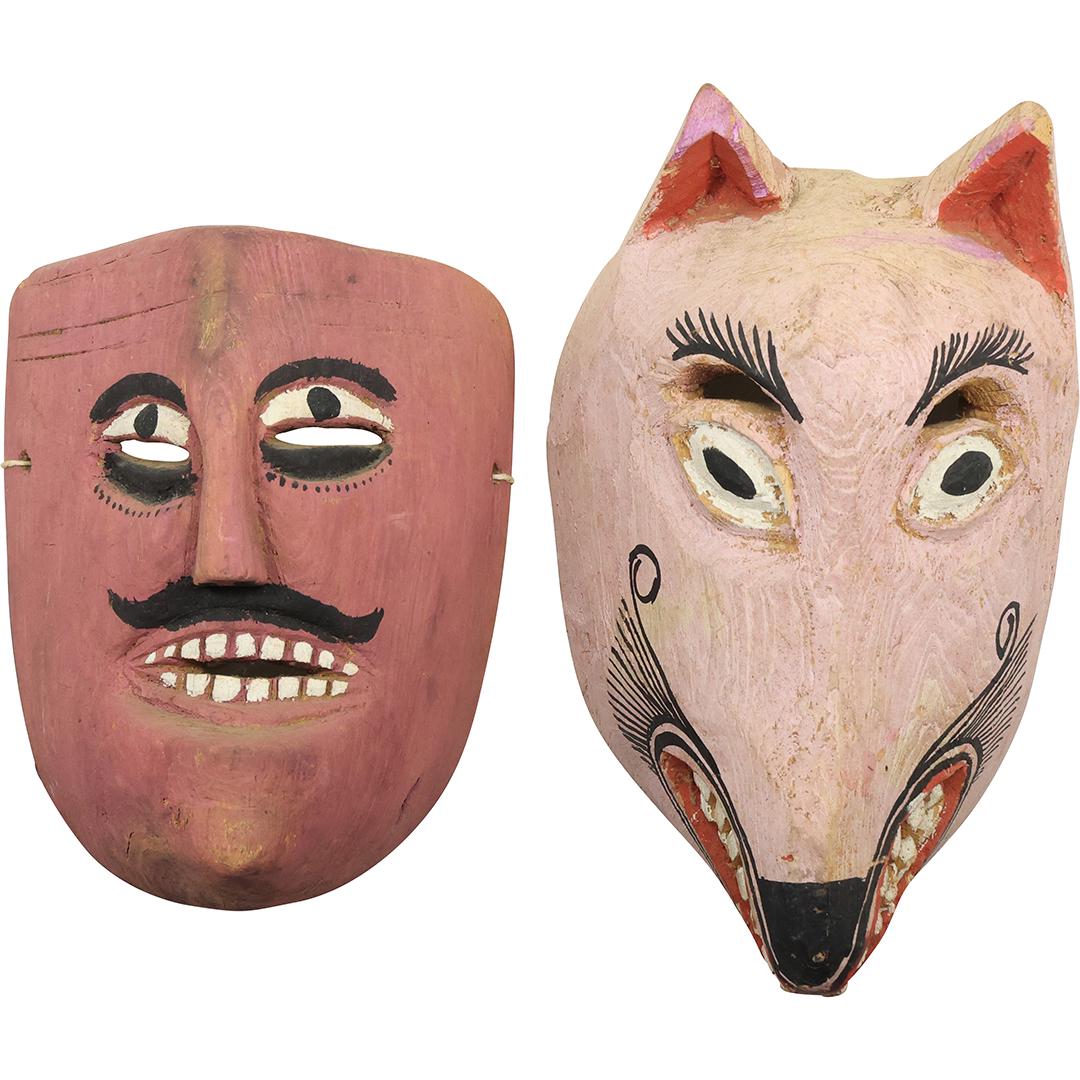 [2] South American Carved Wooden Masks Hand Painted Wolf and Man with Mustache (1 of 20)
