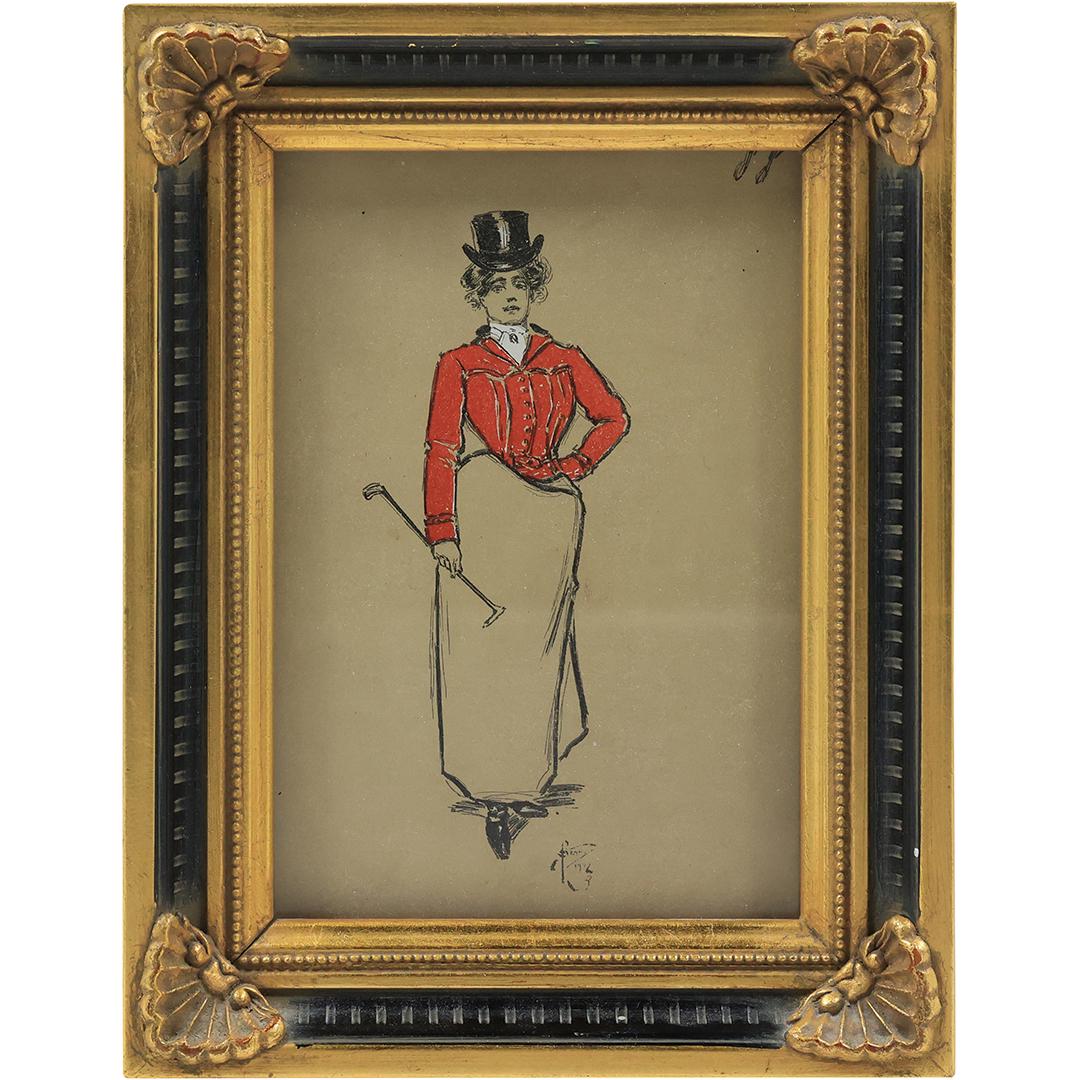 Framed Lithograph Fashion Woman Red Vest Wearing a Top Hat, Monogram Signature: Framed Lithograph Fashion Woman Red Vest Wearing a Top Hat, Monogram Signature. size: h 9 L 7